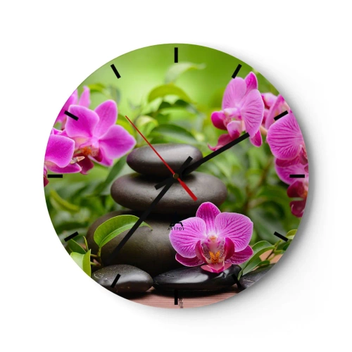 Wanduhr - Glasuhr - Schwarze Steine und rosa Orchideen vor grünem Hintergrund - 30x30cm - Die Pyramide des Friedens - Moderne Wanddekoration für Wohnzimmer, Küche und Schlafzimmer ARTTOR