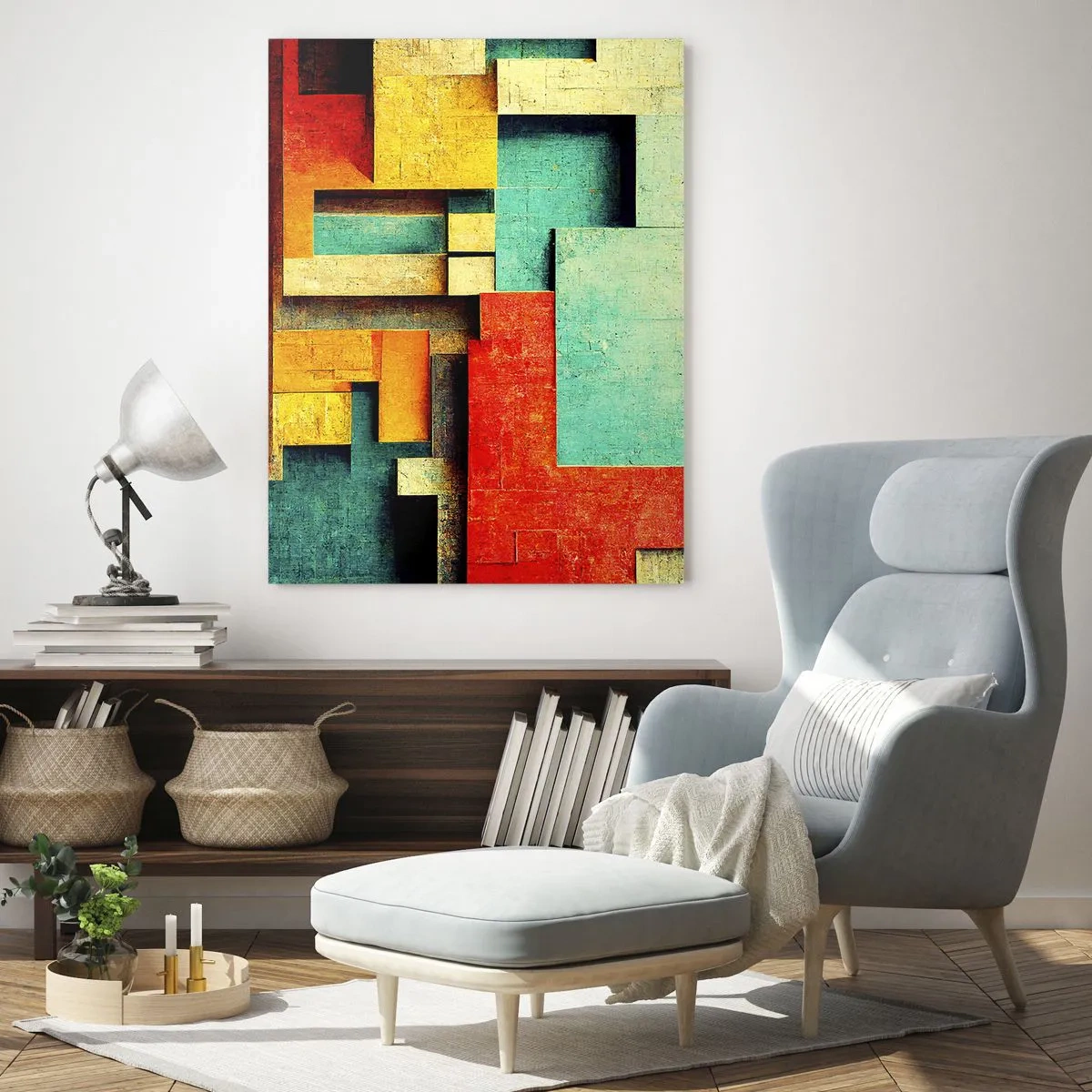 Glasbild - Bild auf glas - Abstrakte geometrische Formen in leuchtenden Farben - 80x120cm - Festival der rechten Winkel - Moderne Wanddekoration für Wohnzimmer und Schlafzimmer ARTTOR