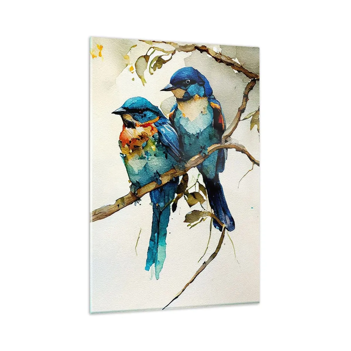 Glasbild - Bild auf glas - Drei bunte Vögel auf einem Ast im Aquarellstil - 80x120cm - War er beleidigt? - Moderne Wanddekoration für Wohnzimmer und Schlafzimmer ARTTOR
