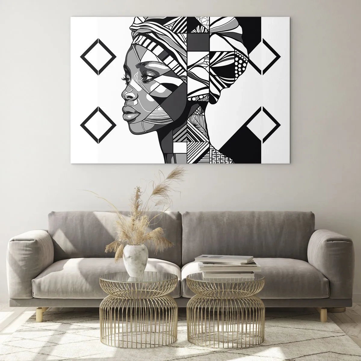 Glasbild - Bild auf glas - Schwarz-weißes ethnisches Porträt einer Frau mit geometrischen Mustern - 70x50cm - Ethnisches Porträt - Moderne Wanddekoration für Wohnzimmer und Schlafzimmer ARTTOR
