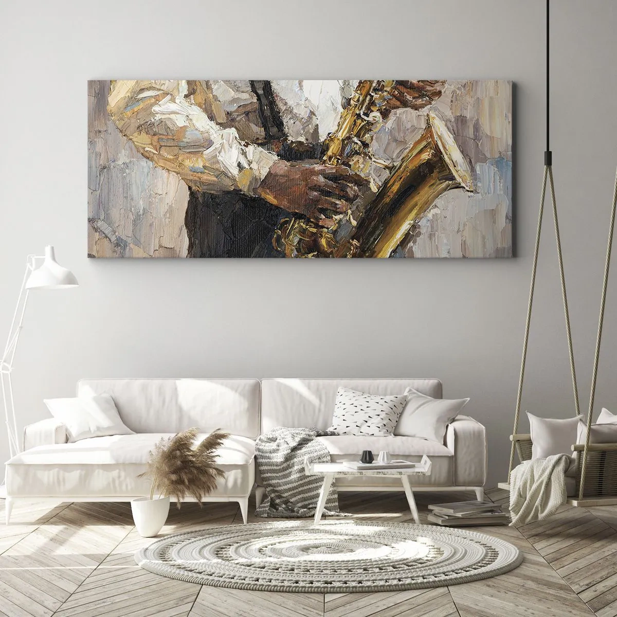 Bild auf Leinwand - Leinwandbild - Ein Musiker, der Saxophon in einem künstlerischen Stil spielt - 160x50cm - Zeit fürs Solo - Moderne Wanddekoration für Wohnzimmer und Schlafzimmer ARTTOR