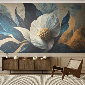 Fototapete Premium Sand - Eine Blume mit weißen Blütenblättern, blauen Blättern und einer goldenen Mitte - 100x70cm - Er hat ein Herz aus Gold - Moderne Wanddekoration für Wohnzimmer und Schlafzimmer ARTTOR