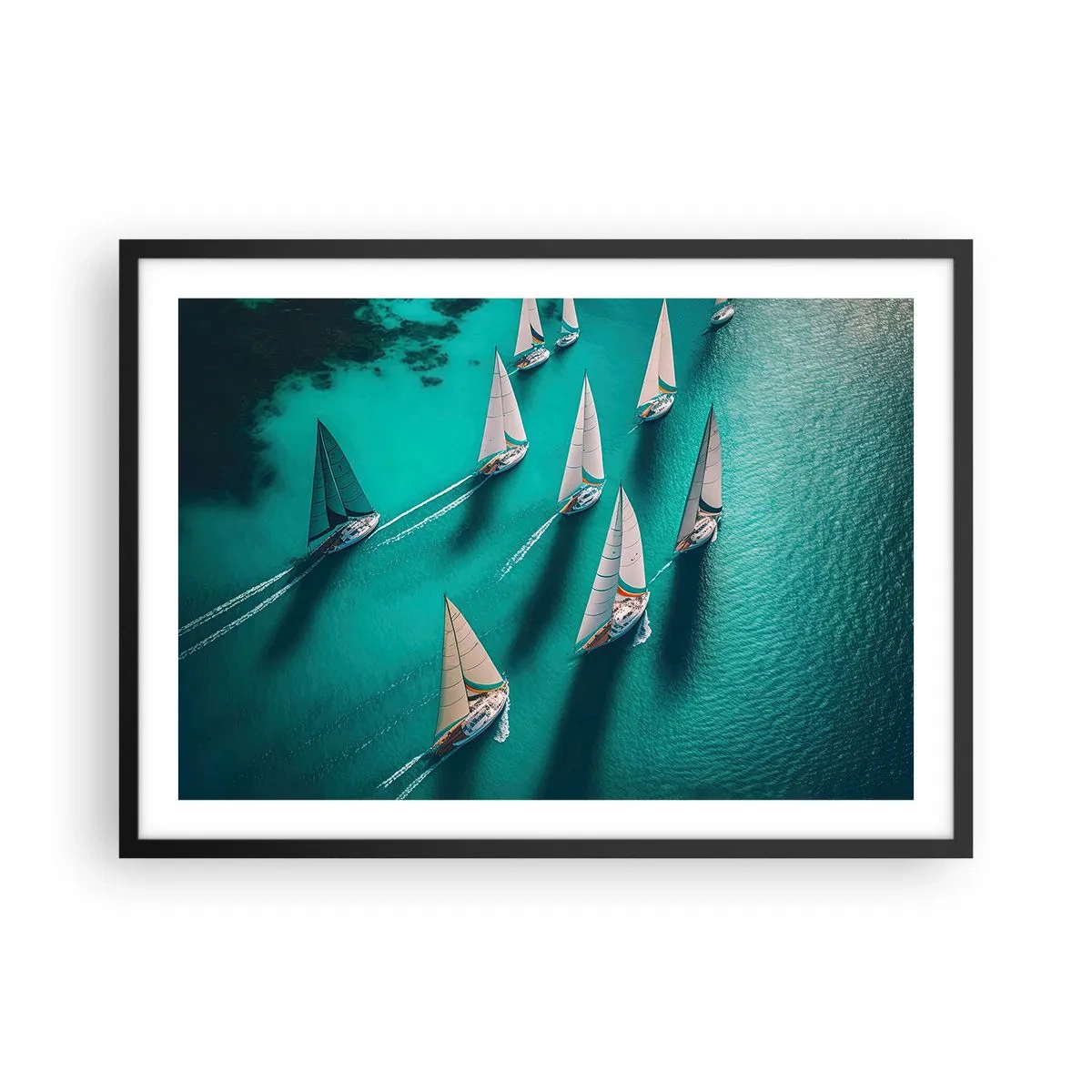 Poster in einem schwarzem Rahmen - Yachten auf türkisfarbenem Wasser in dynamischer Bewegung - 70x50cm - Im Wettbewerb mit dem Wind - Moderne Wanddekoration für Wohnzimmer und Schlafzimmer ARTTOR