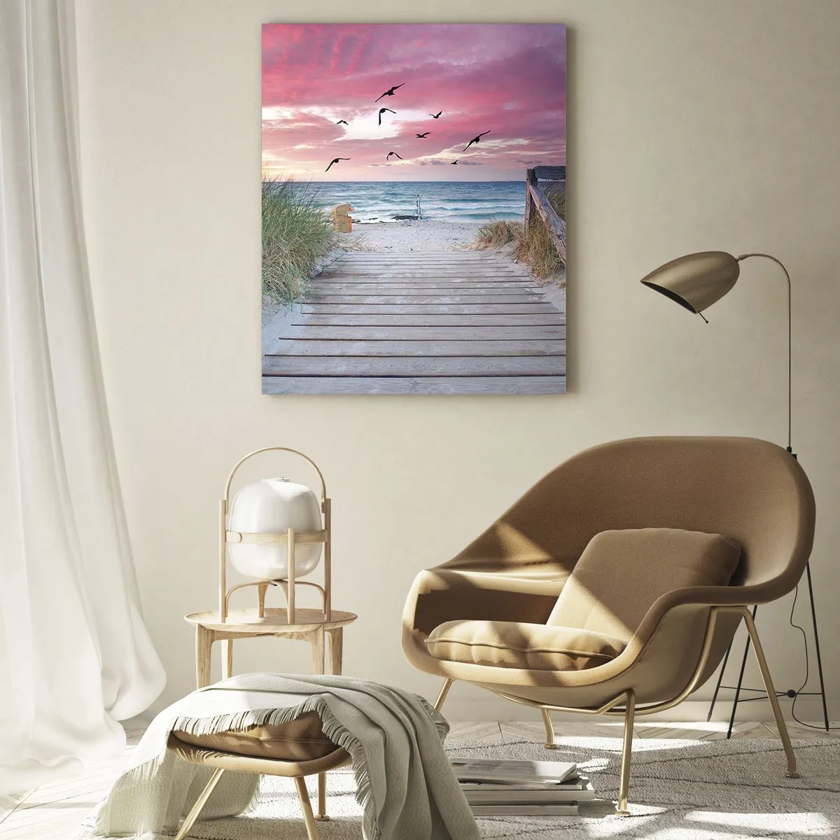 Glasbild - Bild auf glas - Holzweg am Strand bei rosa Sonnenuntergang - 80x120cm - Baltischer Eindruck - Moderne Wanddekoration für Wohnzimmer und Schlafzimmer ARTTOR
