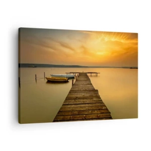 Bild auf Leinwand - Leinwandbild - Holzsteg und Boote auf dem See bei Sonnenuntergang - 70x50cm - Ich werde dir den goldenen Himmel öffnen - Moderne Wanddekoration für Wohnzimmer und Schlafzimmer ARTTOR
