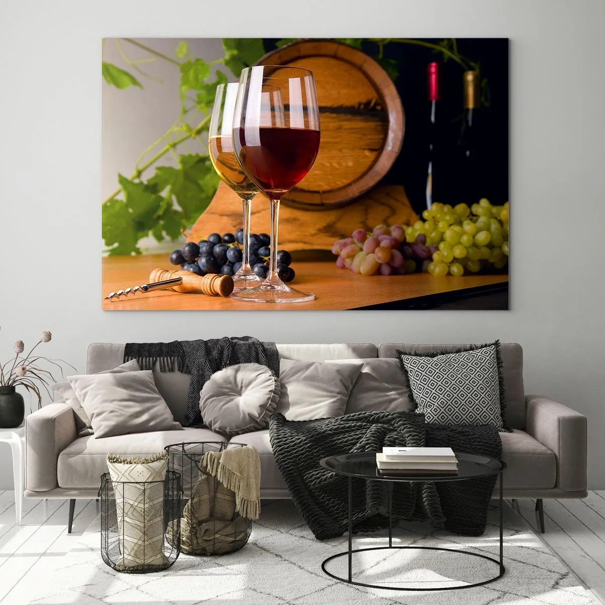 Glasbild - Bild auf glas - Weingläser, Trauben und ein Fass vor einem Hintergrund aus Weinblättern - 70x50cm - Wie die alten Meister - Moderne Wanddekoration für Wohnzimmer und Schlafzimmer ARTTOR