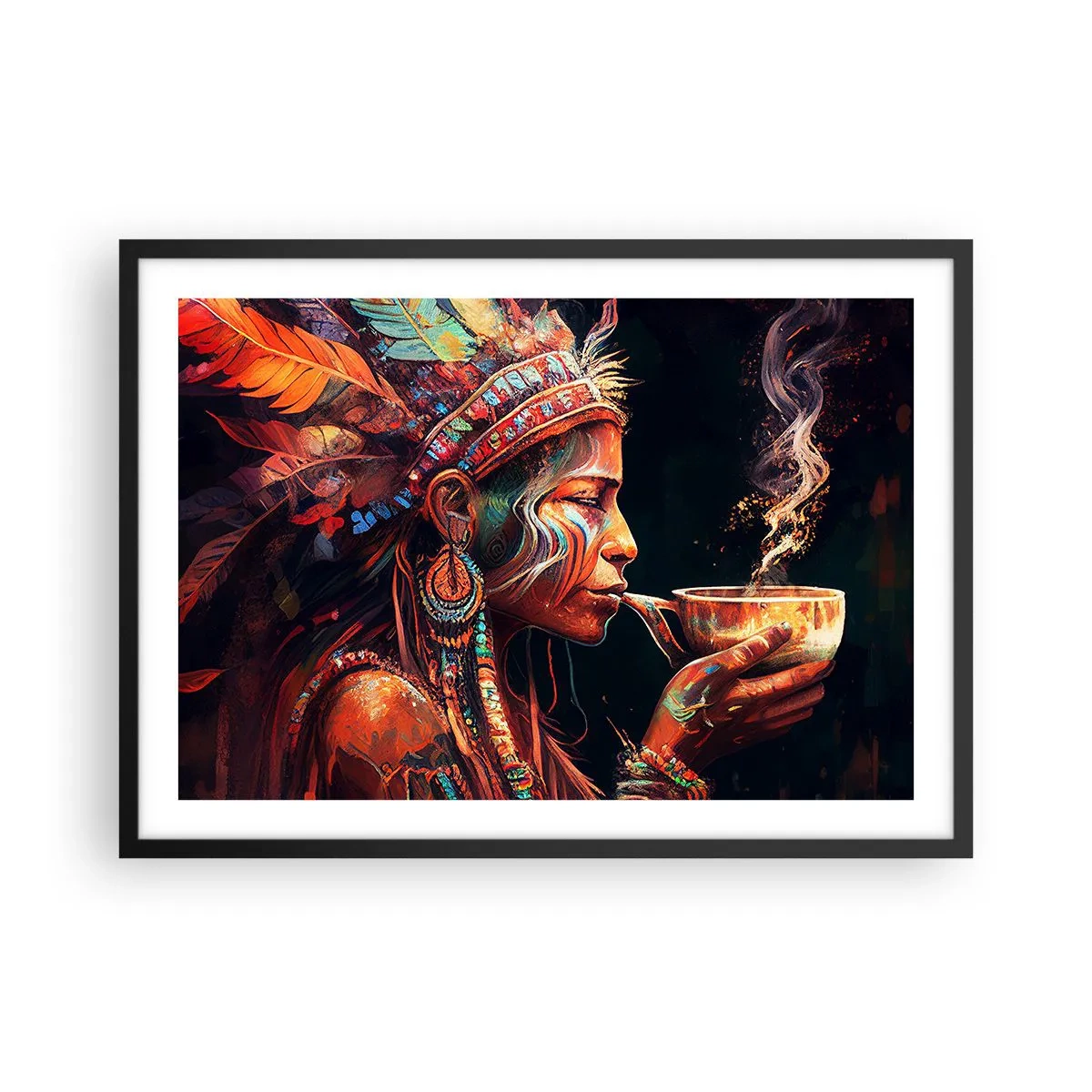 Poster in einem schwarzem Rahmen - Eine farbenfrohe Figur im Ethno-Stil mit einer Tasse dampfenden Getränks - 70x50cm - Magisches Ritual - Moderne Wanddekoration für Wohnzimmer und Schlafzimmer ARTTOR