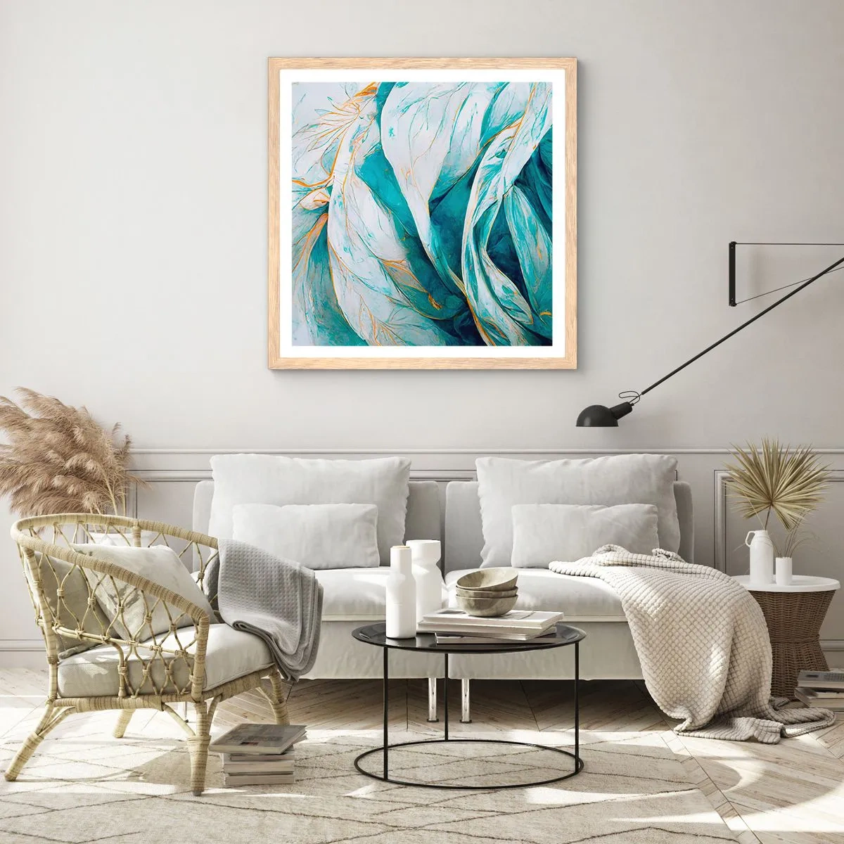 Poster in einem Rahmen aus heller Eiche - Blaue Abstraktion mit goldenem Motiv - 40x40 cm