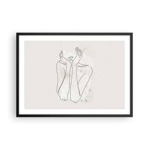 Poster in einem schwarzem Rahmen - Konturlinie zeigt die Hände einer Frau auf hellem Hintergrund - 70x50cm - Ein träumerischer Moment - Moderne Wanddekoration für Wohnzimmer und Schlafzimmer ARTTOR