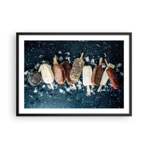Poster in einem schwarzem Rahmen - Bunte Eislutscher auf Eis mit dunklem Hintergrund angeordnet - 70x50cm - Geschmack des heißen Sommers - Moderne Wanddekoration für Wohnzimmer und Schlafzimmer ARTTOR