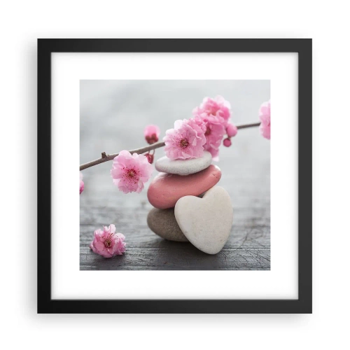 Poster in einem schwarzem Rahmen - Glückseligkeit mit einer Kirschblüte - 30x30 cm