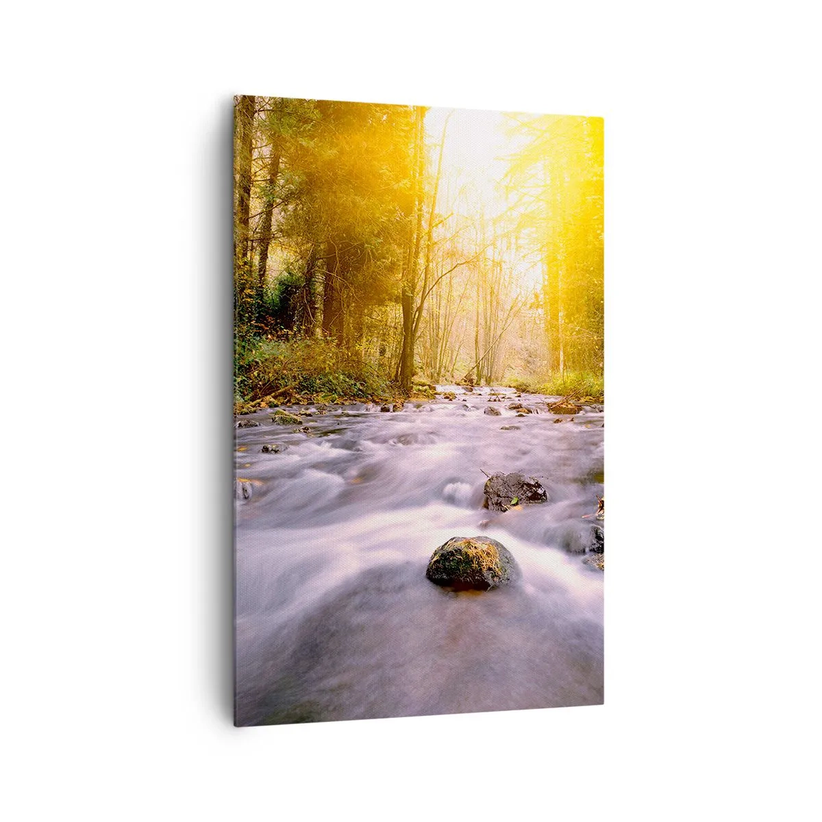 Bild auf Leinwand - Leinwandbild - Ein Waldbach, beleuchtet von den Sonnenstrahlen - 80x120cm - Malachit im Silber- und Goldrahmen - Moderne Wanddekoration für Wohnzimmer und Schlafzimmer ARTTOR