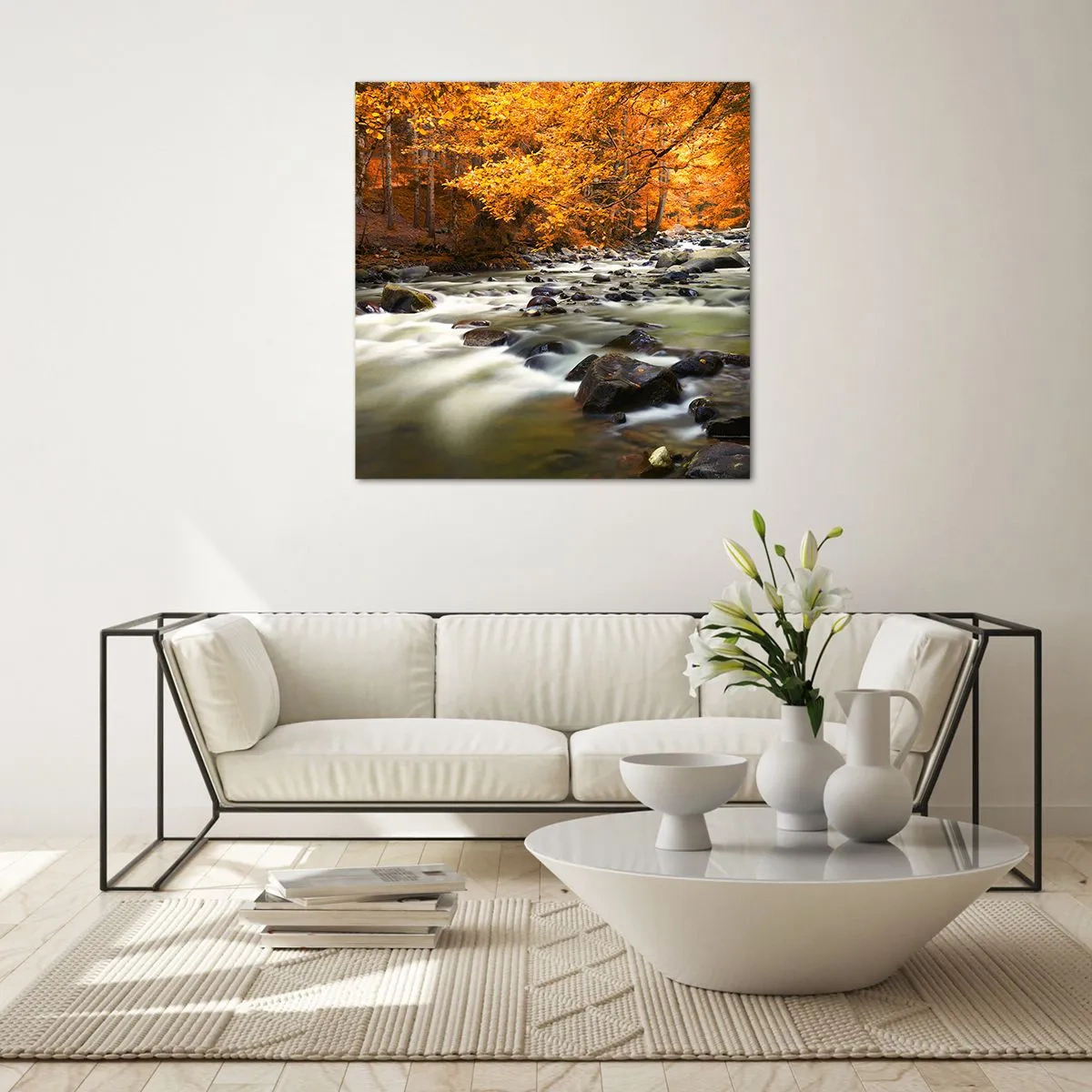 Glasbild - Bild auf glas - Ein Bach in einem goldenen Wald - 60x60 cm