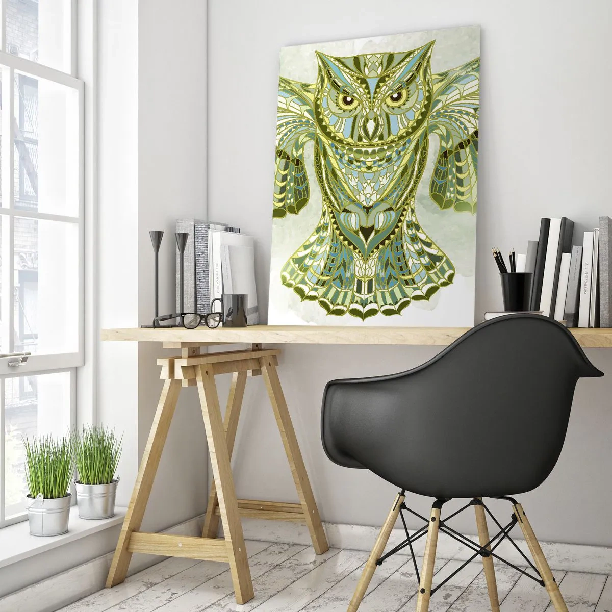 Glasbild - Bild auf glas - Dekorative Eule in Blautönen - 80x120cm - Aus einem keltischen heiligen Hain - Moderne Wanddekoration für Wohnzimmer und Schlafzimmer ARTTOR