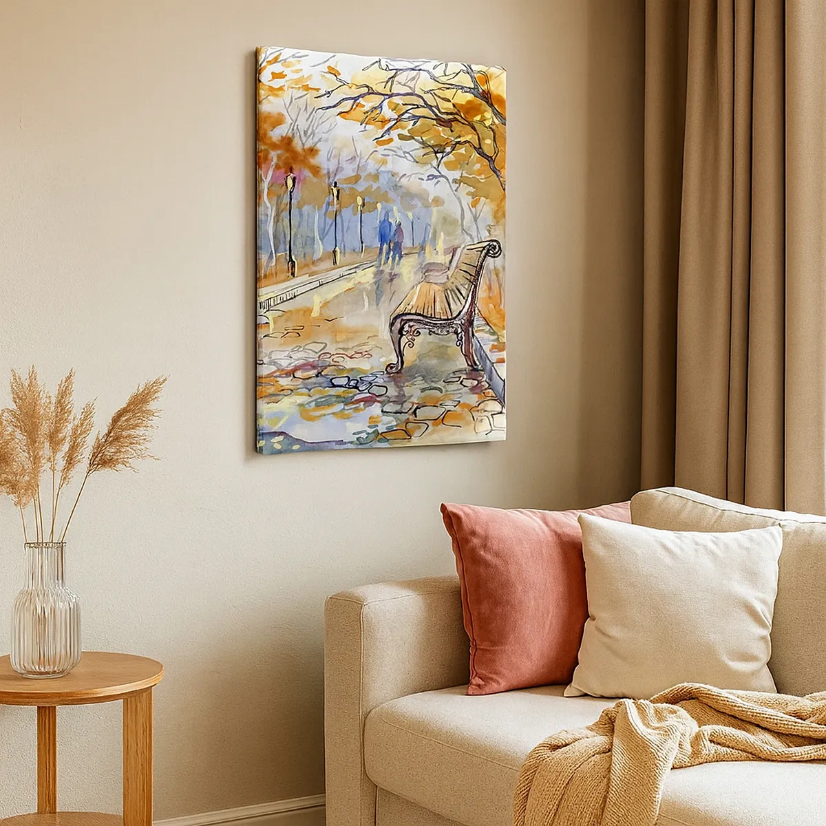 Bild auf Leinwand - Leinwandbild - Ein herbstlicher Park mit einer Bank in Aquarell - 50x70cm - Gemeinsam im Herbst wandern - Moderne Wanddekoration für Wohnzimmer und Schlafzimmer ARTTOR