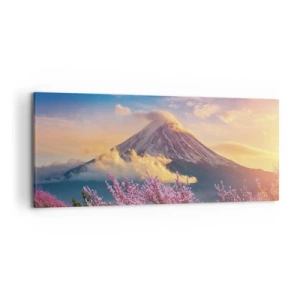 Bild auf Leinwand - Leinwandbild - Mount Fuji mit Kirschblüten im Hintergrund bei Sonnenuntergang - 120x50cm - Japanische Heiligkeit - Moderne Wanddekoration für Wohnzimmer und Schlafzimmer ARTTOR