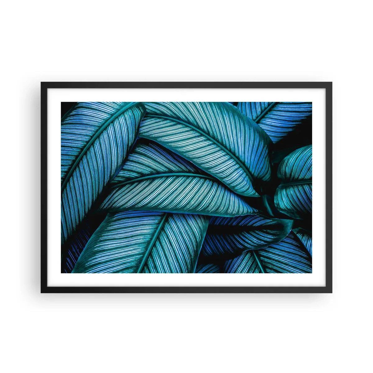 Poster in einem schwarzem Rahmen - Eine Nahaufnahme von türkisfarbenen Blättern mit lebendigen Details. - 70x50cm - Lebenslinien - Moderne Wanddekoration für Wohnzimmer und Schlafzimmer ARTTOR
