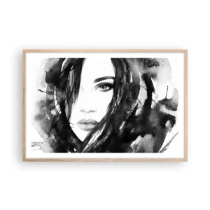 Poster in einem Rahmen aus heller Eiche - Porträt einer Dame in Schwarzweiß - 91x61 cm