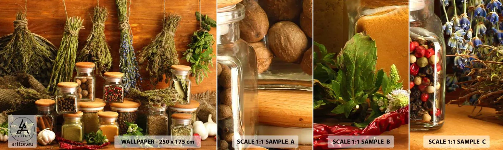 Fototapetenmuster Standard Eco - Küchenzauber - Gastronomie, Getrocknete Kräuter, Gewürze - 100x30 cm