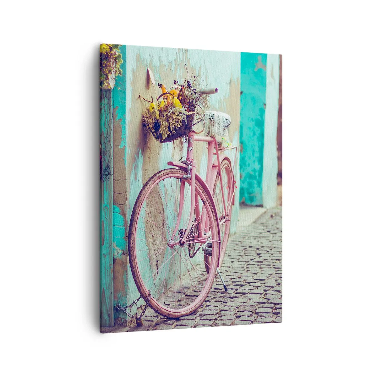 Bild auf Leinwand - Leinwandbild - Ein rosa Fahrrad neben einer türkisfarbenen Tür - 50x70cm - Ich komme gleich wieder - Moderne Wanddekoration für Wohnzimmer und Schlafzimmer ARTTOR