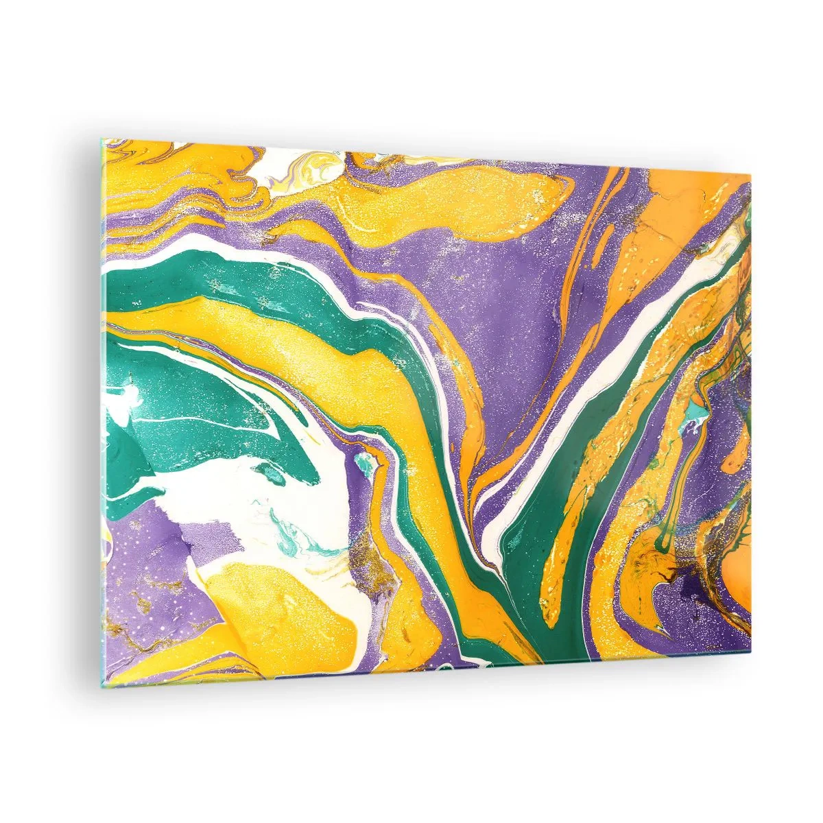 Glasbild - Bild auf glas - Abstraktes Wellenmuster in Gelb, Lila und Grün - 70x50cm - Farbwellen - Moderne Wanddekoration für Wohnzimmer und Schlafzimmer ARTTOR