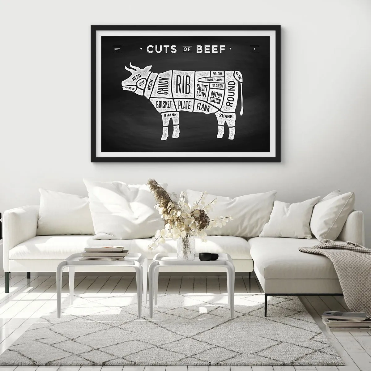 Poster in einem schwarzem Rahmen - Diagramm der Rindfleischstücke auf schwarzem Hintergrund - 70x50cm - Metzger Grundierung - Moderne Wanddekoration für Wohnzimmer und Schlafzimmer ARTTOR