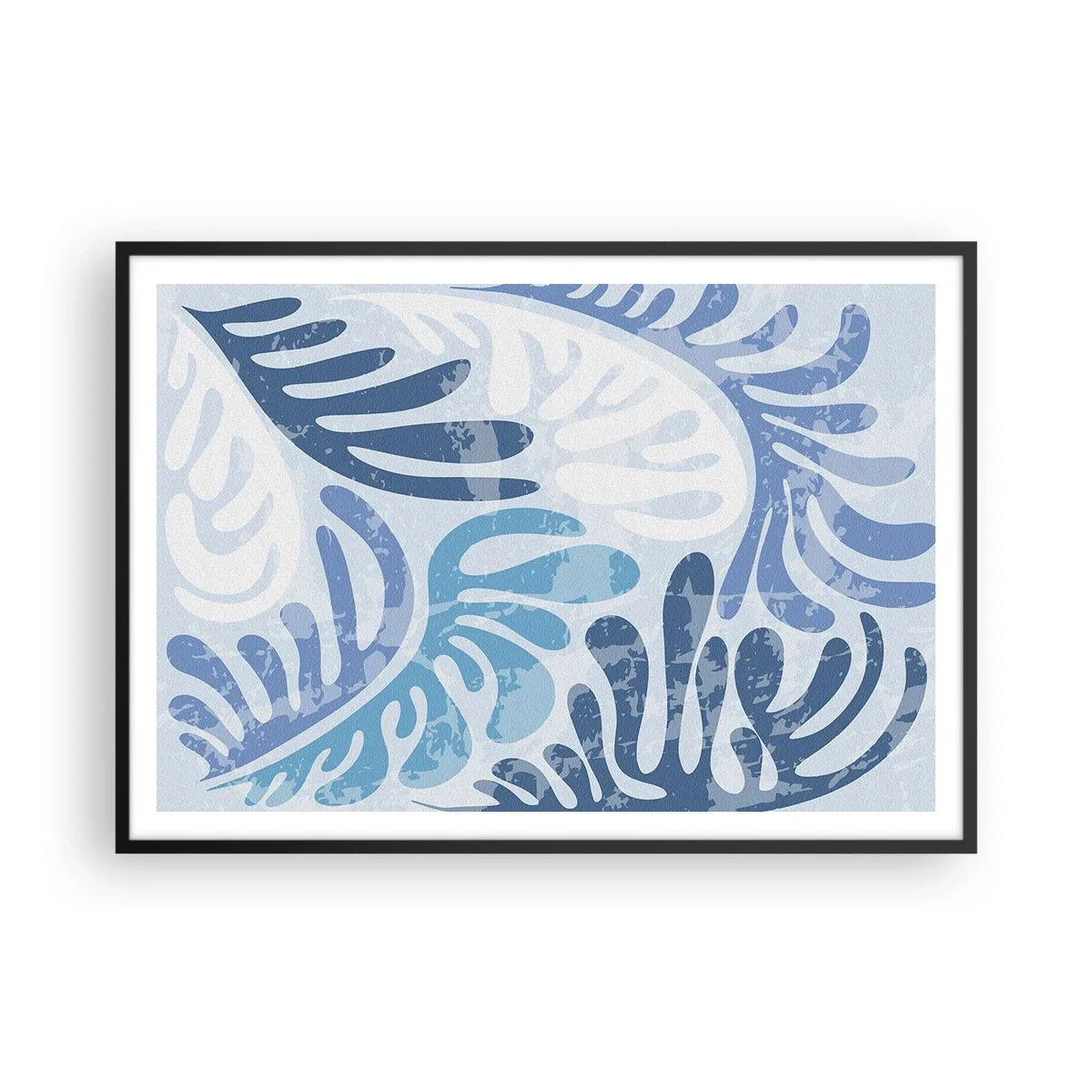 Poster in einem schwarzem Rahmen - Abstrakte Formen in Blautönen auf weißem Hintergrund - 100x70cm - Blaue Farne - Moderne Wanddekoration für Wohnzimmer und Schlafzimmer ARTTOR