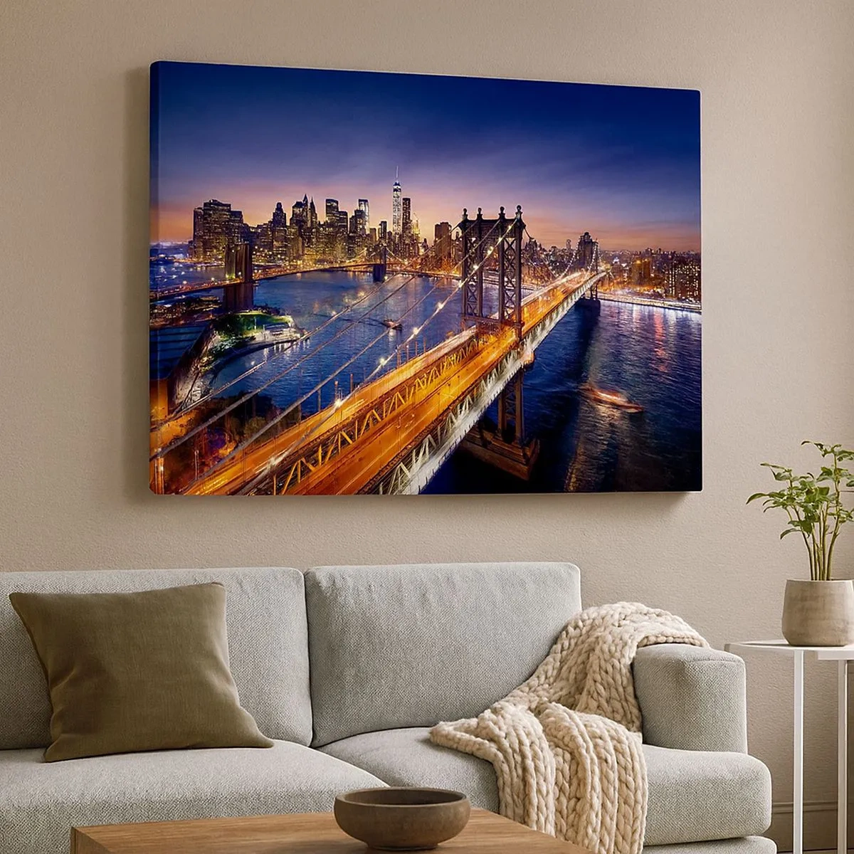Bild auf Leinwand - Leinwandbild - Die Brücke und das Stadtpanorama bei Sonnenuntergang - 70x50cm - Eine leuchtende Brücke zum Herzen der Stadt - Moderne Wanddekoration für Wohnzimmer und Schlafzimmer ARTTOR