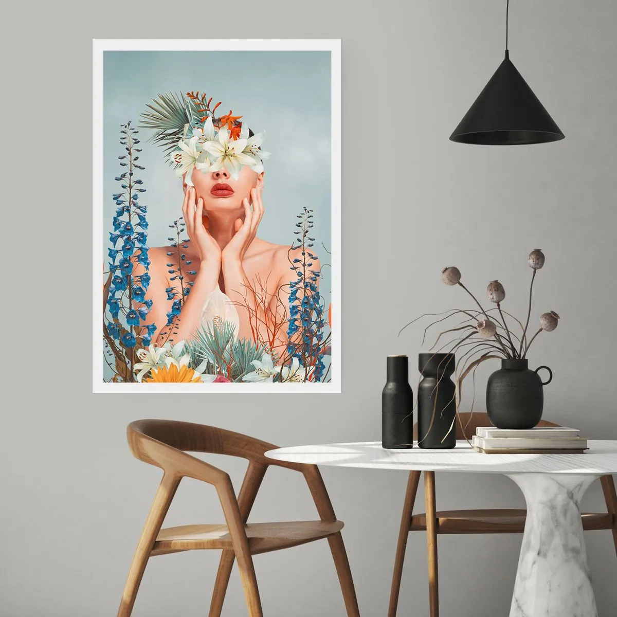 Poster - Eine Frau, umgeben von Blumen in einer surrealen Komposition - 50x70cm - Frau - Blume - Moderne Wanddekoration für Wohnzimmer und Schlafzimmer ARTTOR