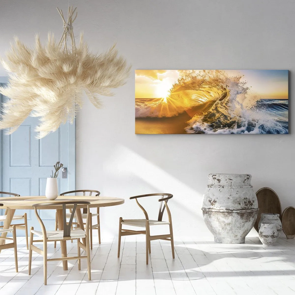 Bild auf Leinwand - Leinwandbild - Eine goldene Welle vor dem Hintergrund der untergehenden Sonne - 140x50cm - Spaß im Sand - Moderne Wanddekoration für Wohnzimmer und Schlafzimmer ARTTOR