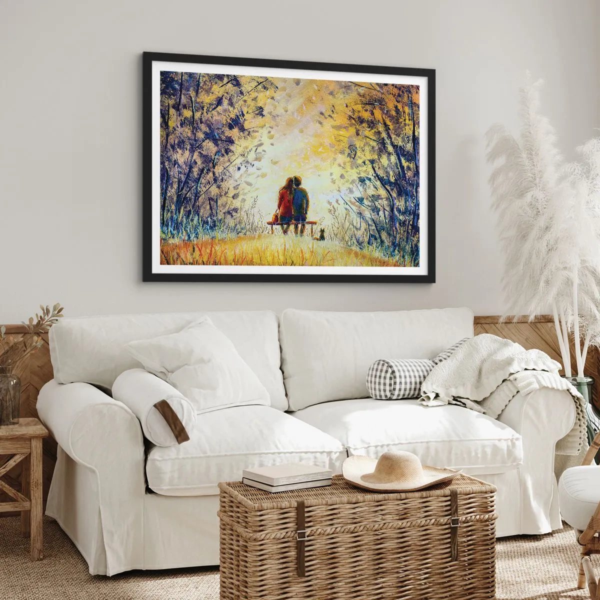 Poster in einem schwarzem Rahmen - Ein Paar sitzt auf einer Bank zwischen herbstlichen Bäumen im Sonnenlicht - 100x70cm - Magischer Augenblick - Moderne Wanddekoration für Wohnzimmer und Schlafzimmer ARTTOR