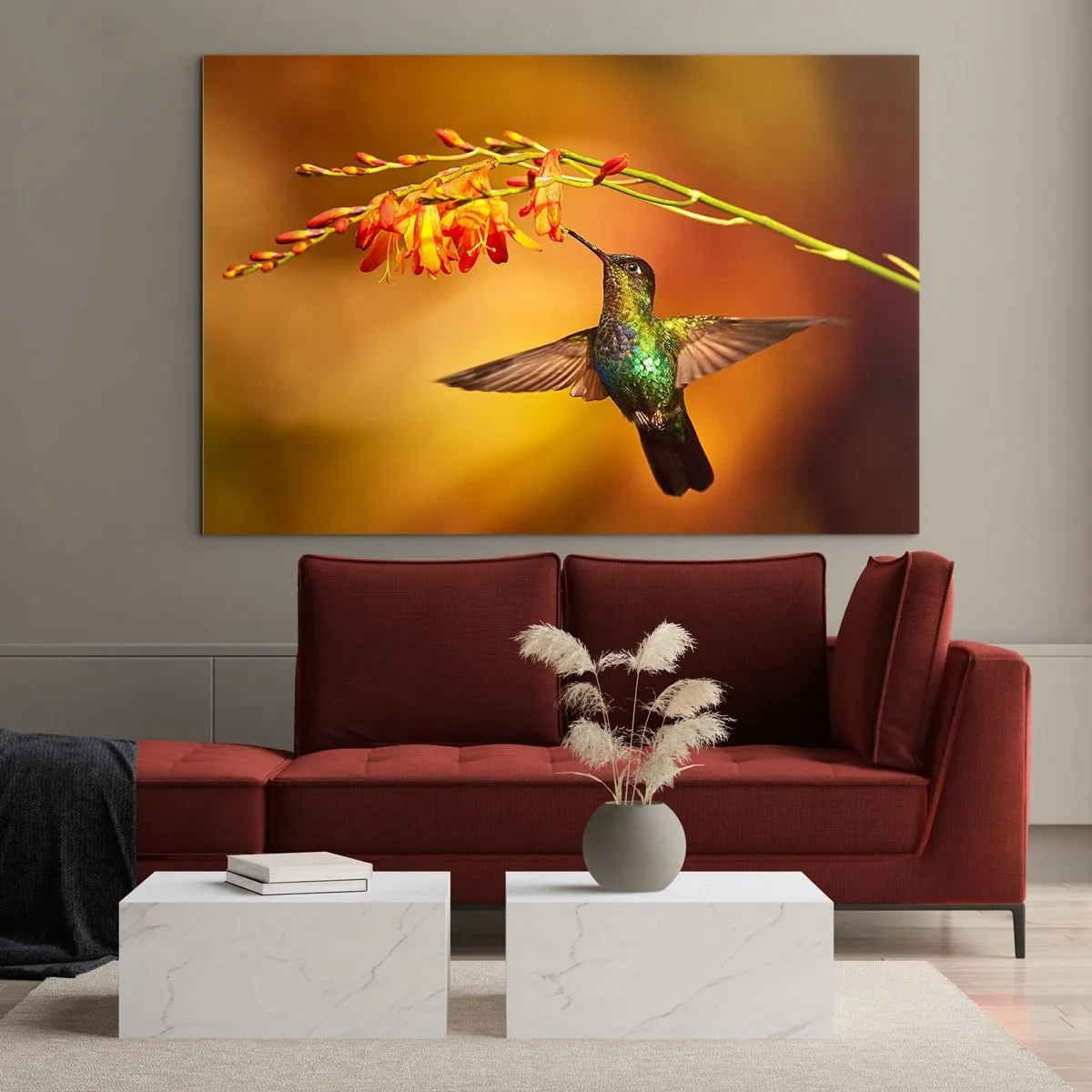 Glasbild - Bild auf glas - Kolibri neben Blumen in goldenem Glanz - 100x70cm - Ein Lichtbote nach den Maya - Moderne Wanddekoration für Wohnzimmer und Schlafzimmer ARTTOR