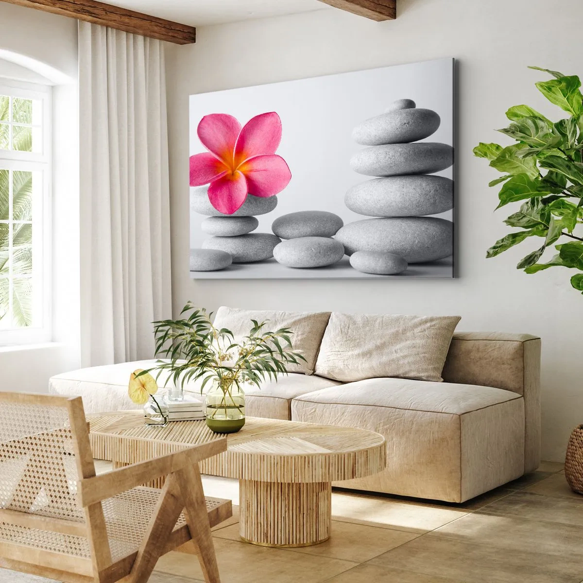 Bild auf Leinwand - Leinwandbild - Rosa Blume auf Steinen im Zen-Stil - 70x50cm - Stein auf Stein und auf diesem Stein... - Moderne Wanddekoration für Wohnzimmer und Schlafzimmer ARTTOR