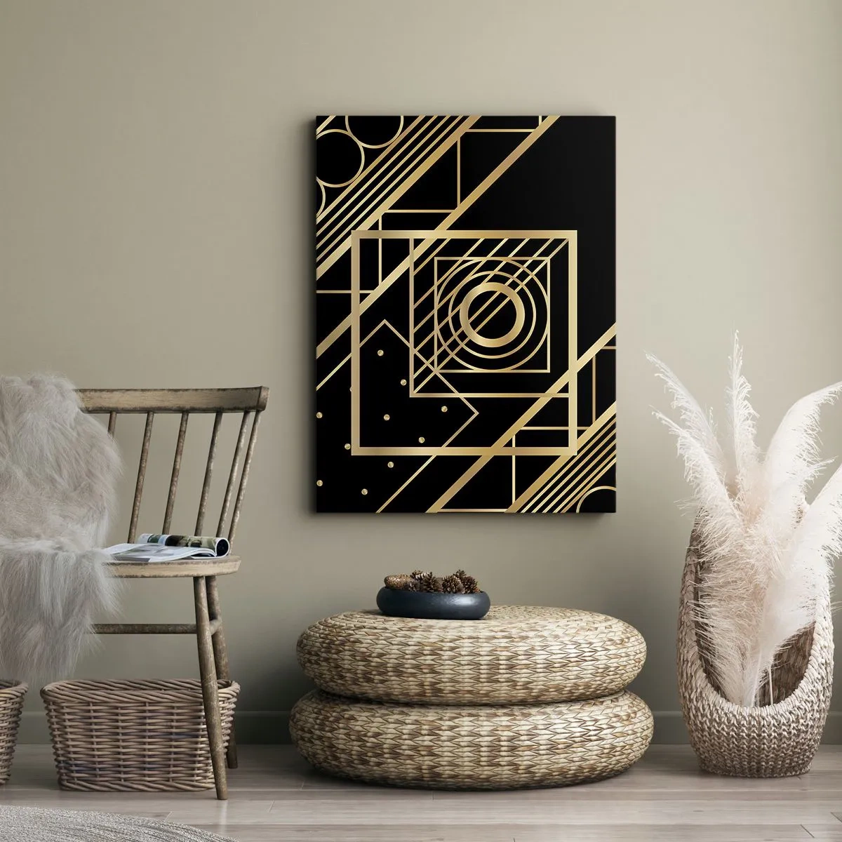 Bild auf Leinwand - Leinwandbild - Goldene geometrische Muster auf schwarzem Hintergrund - 80x120cm - Goldene Geometrie - Moderne Wanddekoration für Wohnzimmer und Schlafzimmer ARTTOR