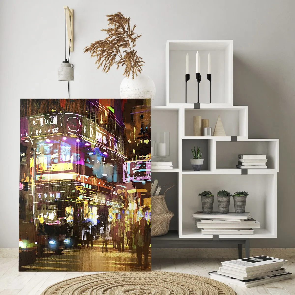 Glasbild - Bild auf glas - Eine pulsierende Stadt bei Nacht im Neonlicht - 80x120cm - In einem Lichtermeer - Moderne Wanddekoration für Wohnzimmer und Schlafzimmer ARTTOR