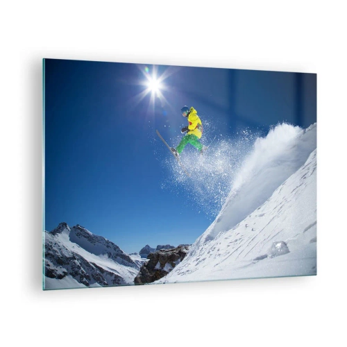 Glasbild - Bild auf glas - Ein Skifahrer in Aktion vor der Kulisse schneebedeckter Berge - 70x50cm - Tanzen mit den Bergen - Moderne Wanddekoration für Wohnzimmer und Schlafzimmer ARTTOR