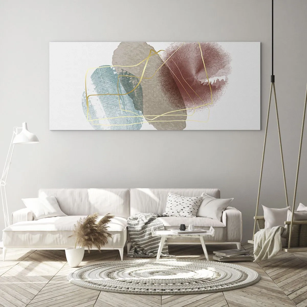 Glasbild - Bild auf glas - Abstrakte Formen mit zarten Farben und goldenen Linien - 120x50cm - Korallen des Weltraums - Moderne Wanddekoration für Wohnzimmer und Schlafzimmer ARTTOR