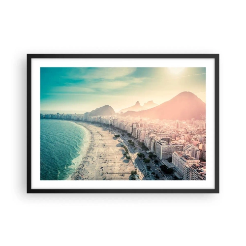 Poster in einem schwarzem Rahmen - Panorama des Copacabana-Strandes mit Bergen im Hintergrund in Rio de Janeiro - 70x50cm - Ewiger Urlaub in Rio - Moderne Wanddekoration für Wohnzimmer und Schlafzimmer ARTTOR