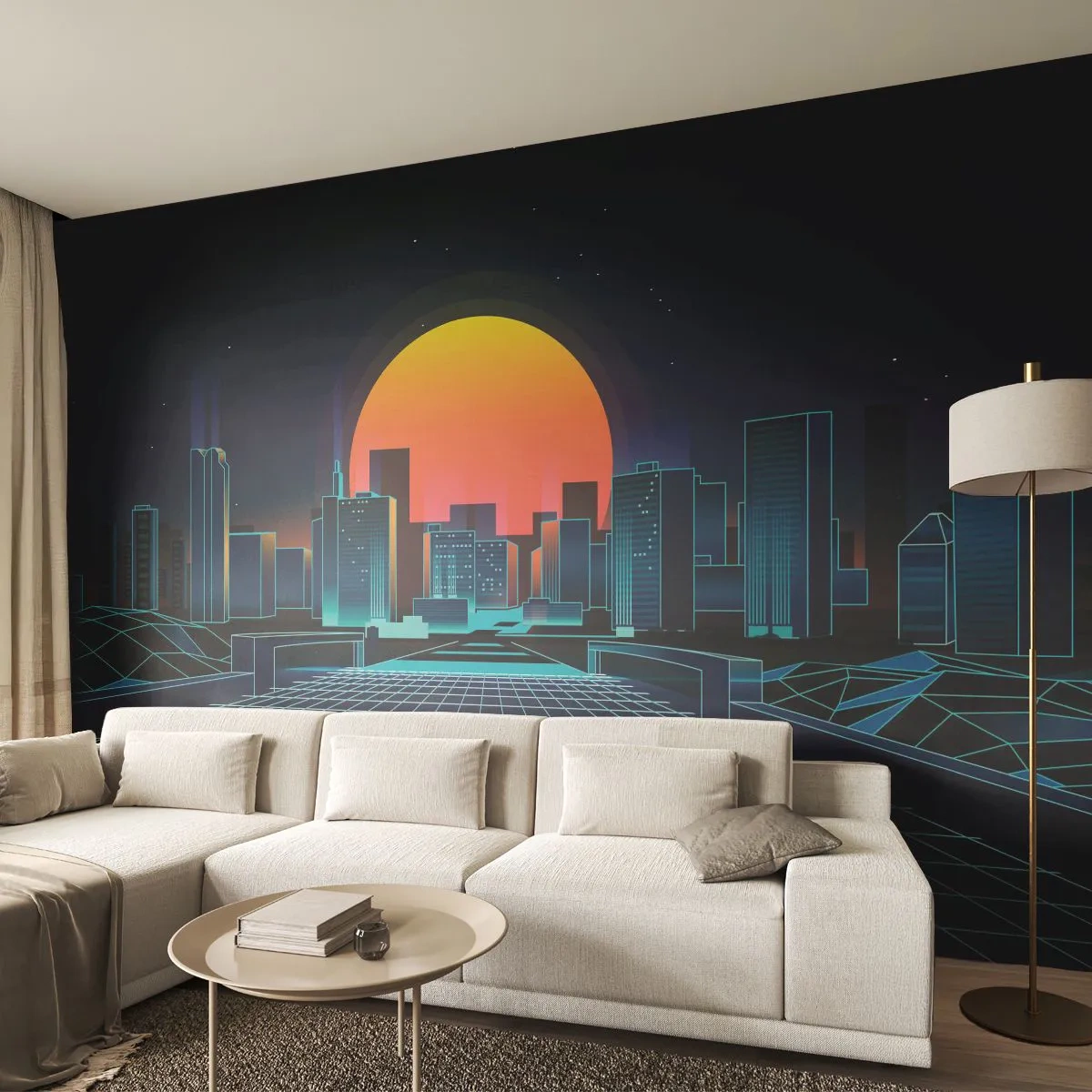Fototapete Premium Sand - Cyberpunk-Stadt mit Neonlichtern und Sonnenuntergang - 100x70cm - Willst du immer noch zu Real gehen? - Moderne Wanddekoration für Wohnzimmer und Schlafzimmer ARTTOR
