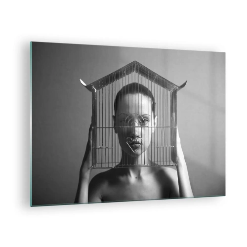Glasbild - Bild auf glas - Frau mit einem hausförmigen Käfig im Gesicht in Schwarzweiß - 70x50cm - Ein leicht surreales Portrait - Moderne Wanddekoration für Wohnzimmer und Schlafzimmer ARTTOR