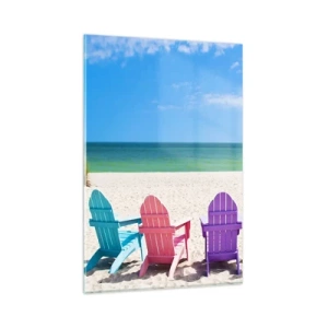 Glasbild - Bild auf glas - Bunte Liegestühle am Strand mit Blick aufs Meer - 80x120cm - Regenbogenstrand - Moderne Wanddekoration für Wohnzimmer und Schlafzimmer ARTTOR