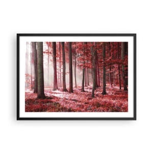 Poster in einem schwarzem Rahmen - Ein atemberaubender Wald in roten Farbtönen mit Lichtstrahlen, die durch die Bäume dringen - 70x50cm - Rot ist genauso schön - Moderne Wanddekoration für Wohnzimmer und Schlafzimmer ARTTOR
