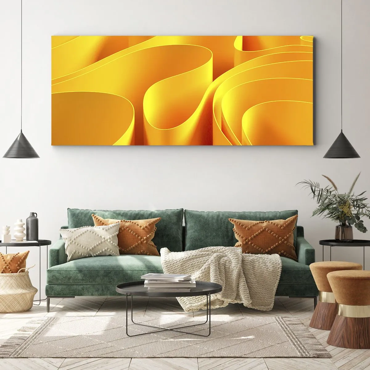 Bild auf Leinwand - Leinwandbild - Gelbe abstrakte Wellen, die Sonnenstrahlen ähneln - 140x50cm - Wie Sonnenwellen - Moderne Wanddekoration für Wohnzimmer und Schlafzimmer ARTTOR