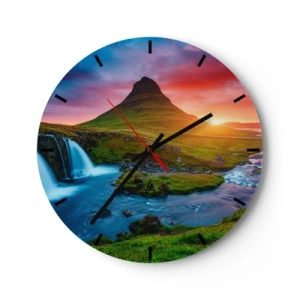 Wanduhr - Glasuhr - Wasserfall und Berg im Licht der untergehenden Sonne - 30x30cm - Island - Feuer und Wasser - Moderne Wanddekoration für Wohnzimmer, Küche und Schlafzimmer ARTTOR