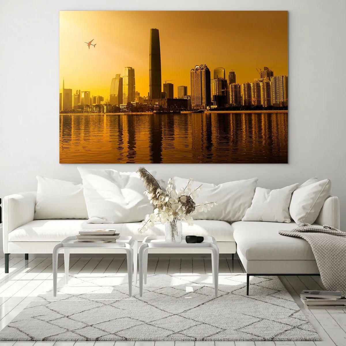Glasbild - Bild auf glas - Eine moderne Stadt mit Wolkenkratzern bei Sonnenuntergang - 120x80cm - Die goldene Stadt - Moderne Wanddekoration für Wohnzimmer und Schlafzimmer ARTTOR