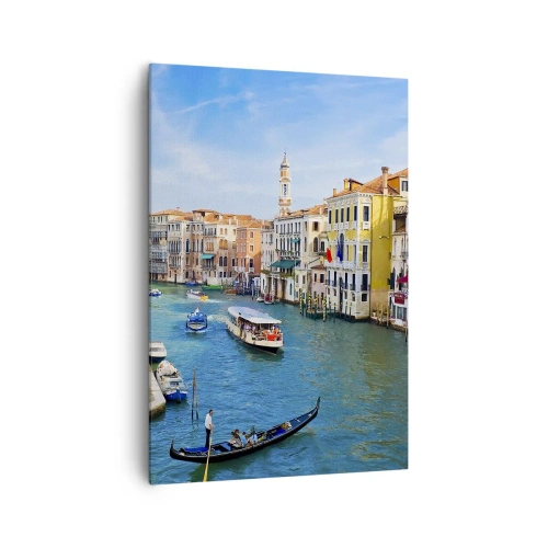 Bild auf Leinwand - Leinwandbild - Ein venezianischer Kanal mit einer Gondel und farbenfrohen Gebäuden - 70x100cm - Der einzigartige Verkehr der Welt - Moderne Wanddekoration für Wohnzimmer und Schlafzimmer ARTTOR