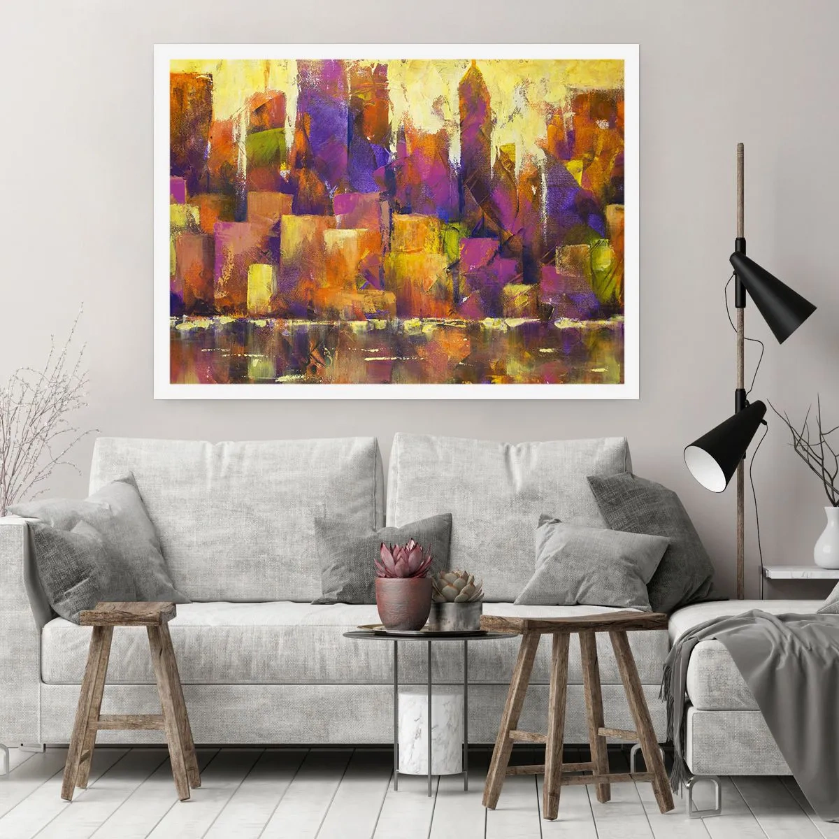 Poster - Abstrakte Komposition einer Metropole in Gelb- und Lilatönen - 100x70cm - Metropolitische Komposition - Moderne Wanddekoration für Wohnzimmer und Schlafzimmer ARTTOR