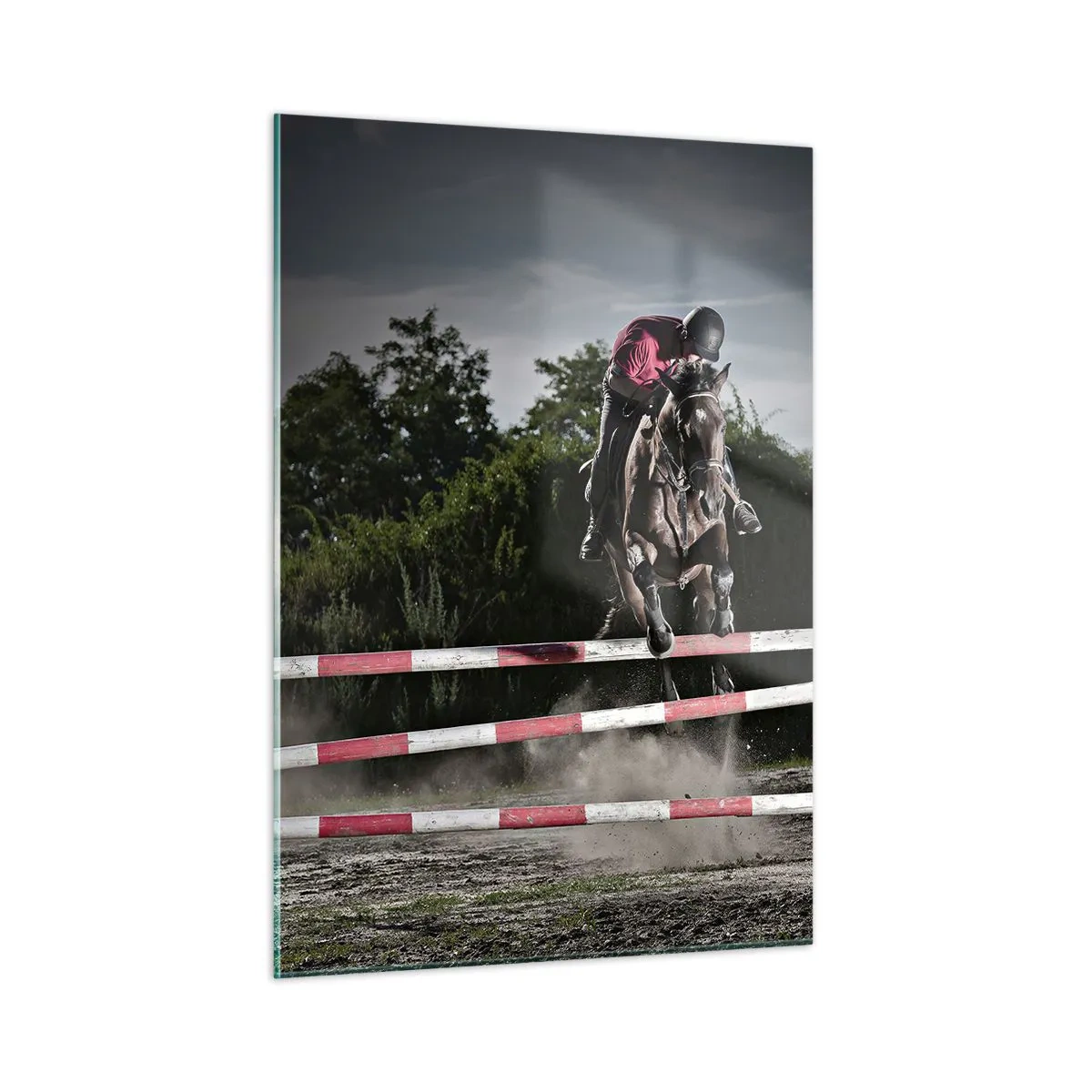 Glasbild - Bild auf glas - Ein Reiter auf einem Pferd springt über ein Hindernis vor der Kulisse der Natur - 50x70cm - Gemeinsam zum Sieg - Moderne Wanddekoration für Wohnzimmer und Schlafzimmer ARTTOR