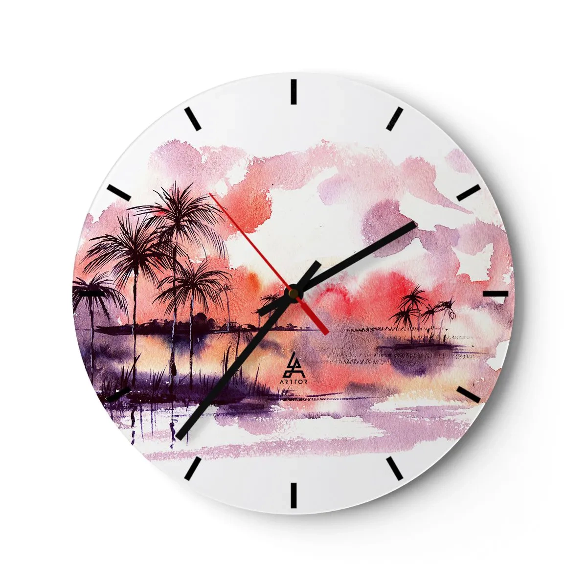 Wanduhr - Glasuhr - Aquarelllandschaft mit Palmen bei Sonnenuntergang - 30x30cm - Die Ruhe der Tropen in Rot - Moderne Wanddekoration für Wohnzimmer, Küche und Schlafzimmer ARTTOR