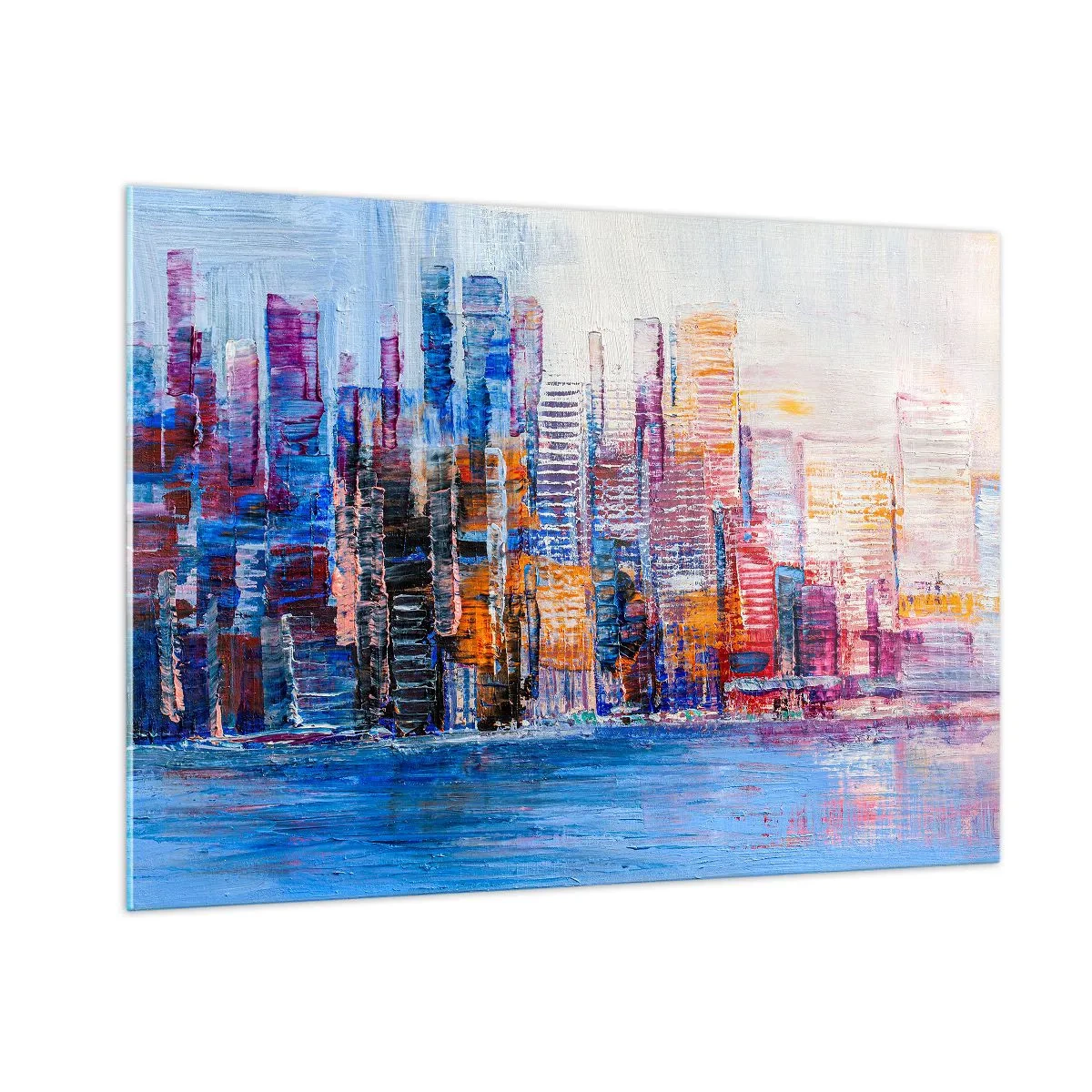 Glasbild - Bild auf glas - Ein farbenfrohes Panorama der Stadt, gemalt mit Pinselstrichen - 100x70cm - Fröhliche Metropole - Moderne Wanddekoration für Wohnzimmer und Schlafzimmer ARTTOR